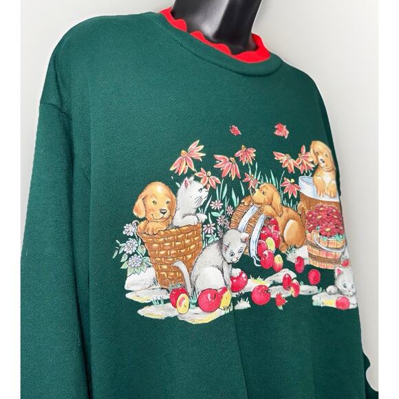 VTG Basic Editions LG Green Crew Boxy Ugly Sweater Holiday Puppy Kitten Winter - Picture 4 of 8